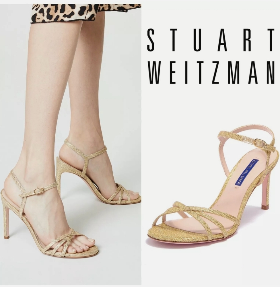 NEW Stuart Weitzman Starla Crisscross Metallic Glitter Gold Sandal